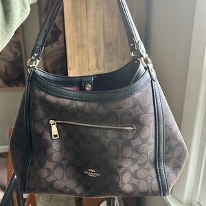 Coach Brown Signature Canvas Shoulder Bag with Black Trim